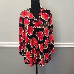 Dear Scarlett Elegant Floral V-Neck Blouse - Black and Red
